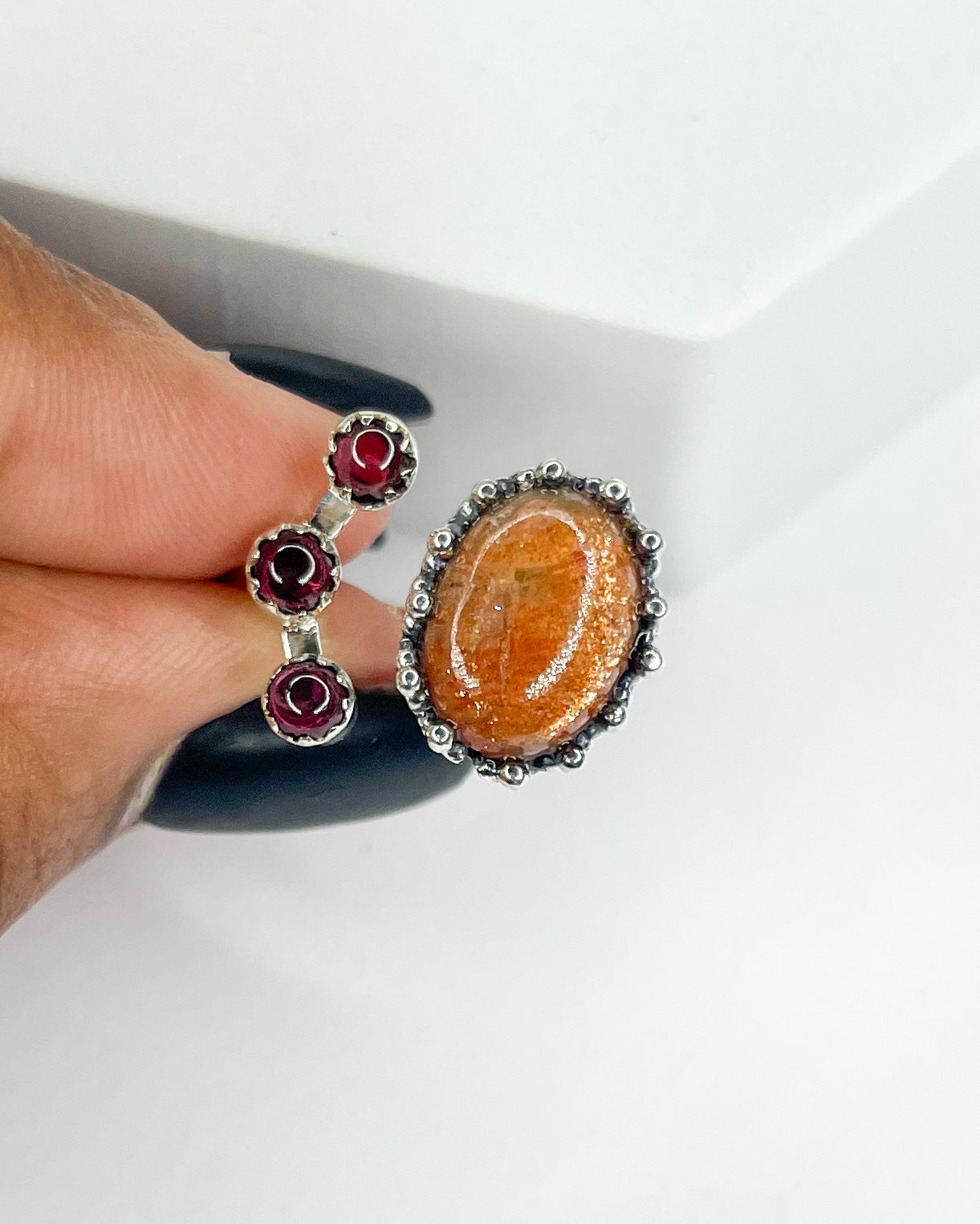 Sunstone And Garnet Adjustable Ring-Solid Sterling Silver