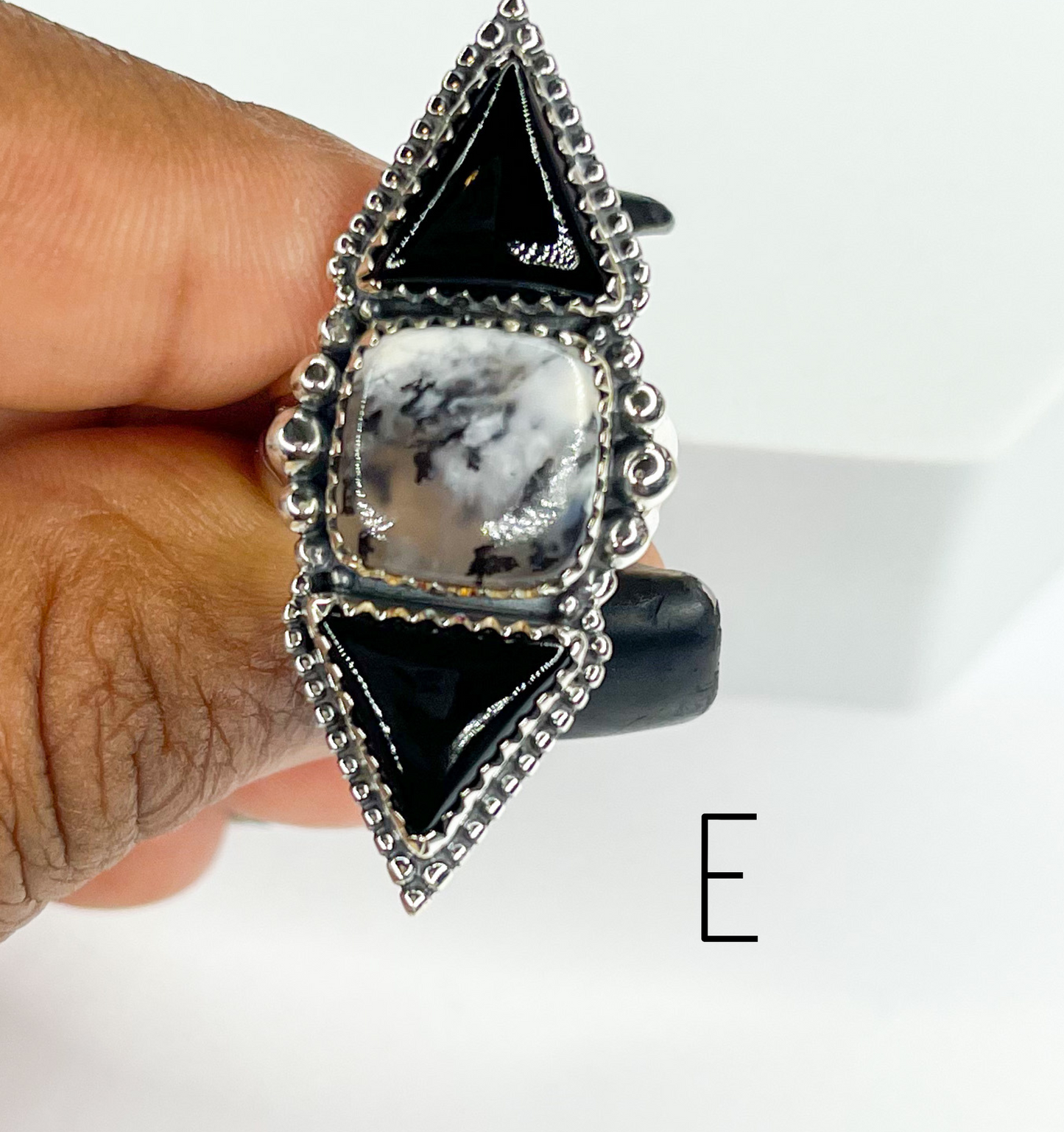 Black Onyx And Dendrite Crawler Ring-Solid Sterling Silver