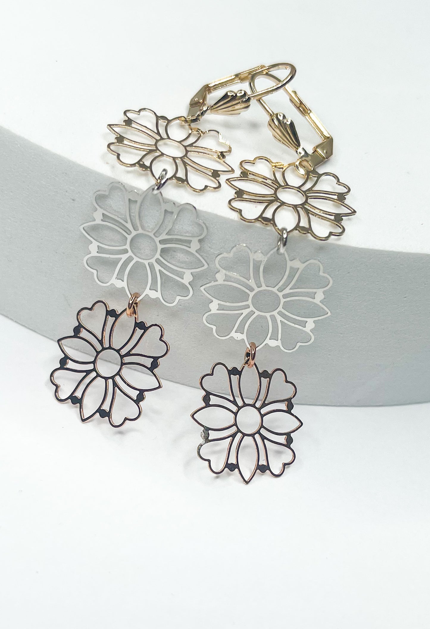 Tri - Color Heart FLOWER - 18k Gold Filled