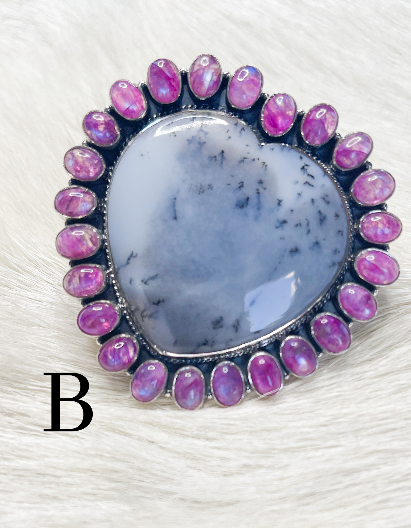 Pink Moonstone & Dendrite Heart Ring-Solid Sterling Silver