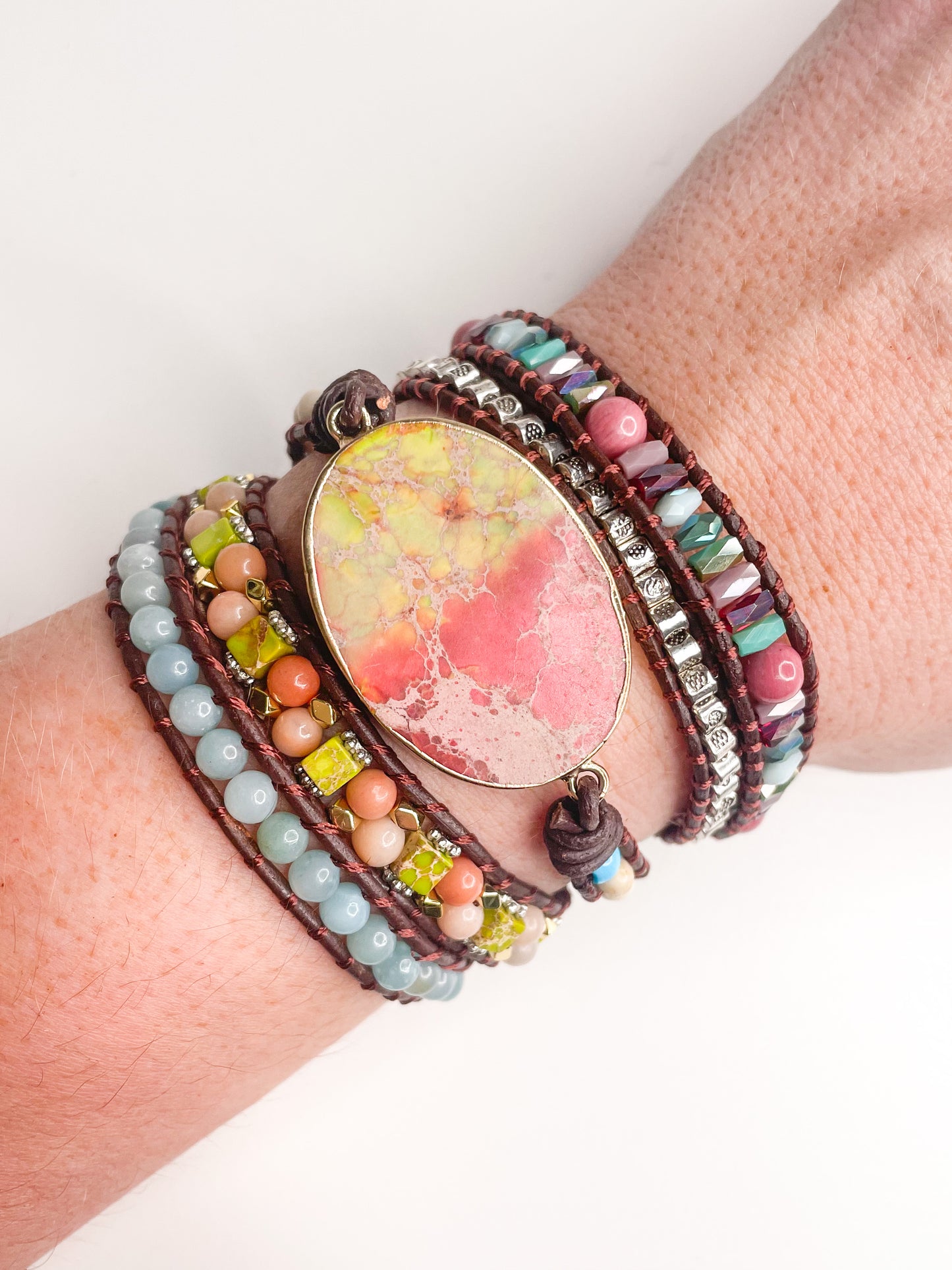 Oval Jasper 5-time boho wrap - Leather