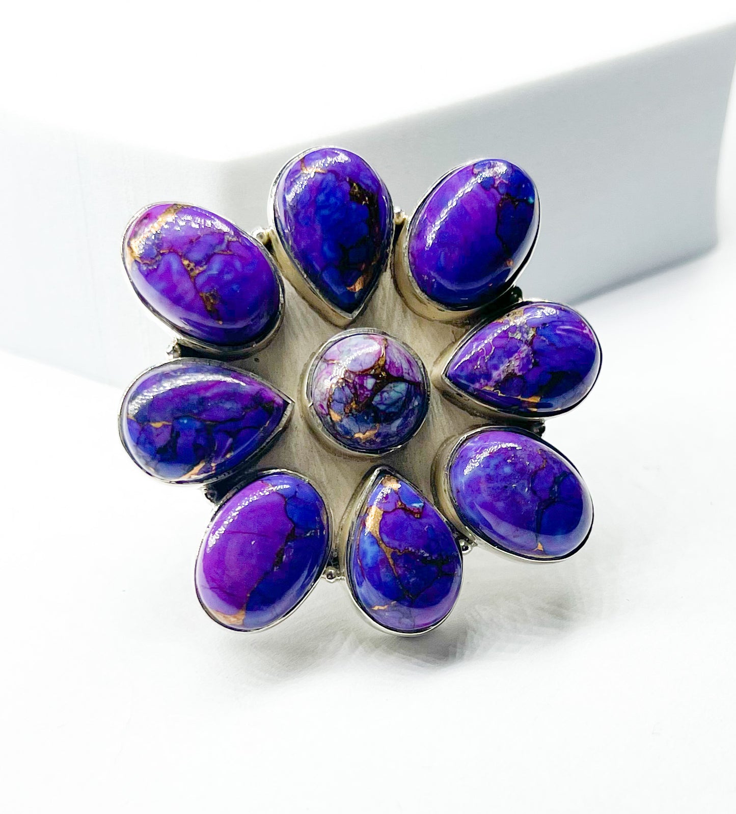Purple Copper Infused Jasper Flower Ring- Solid Sterling Silver