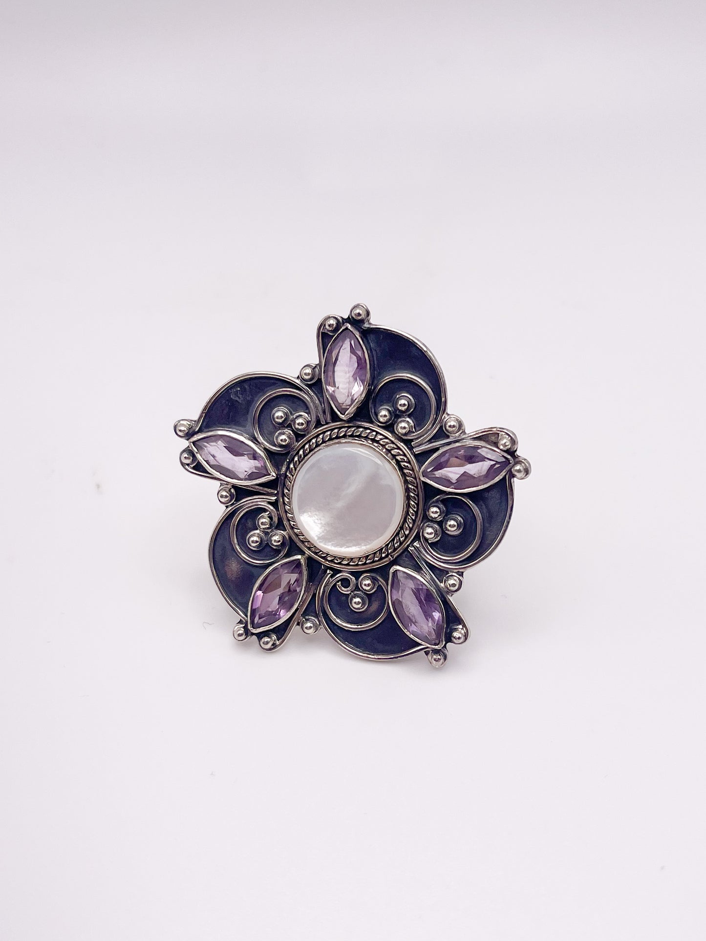 Mother of Pearl and Amethyst Antique Flower Ring-Solid Sterling Silver
