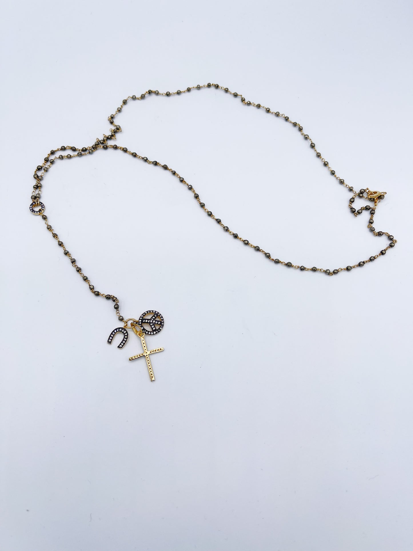 Hematite Rosary design Necklace W Vermile Gold