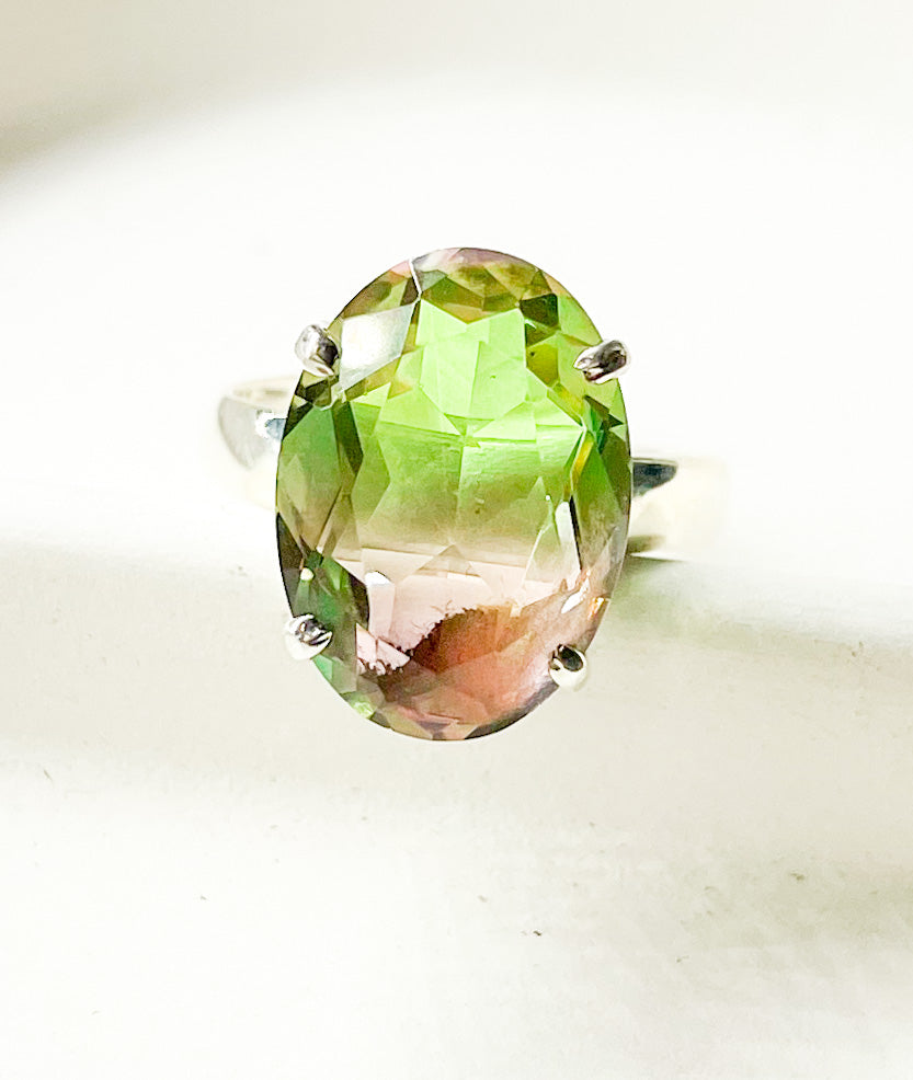 Green Pink  Fluorite Glass Adjustable Ring-Solid Sterling Silver
