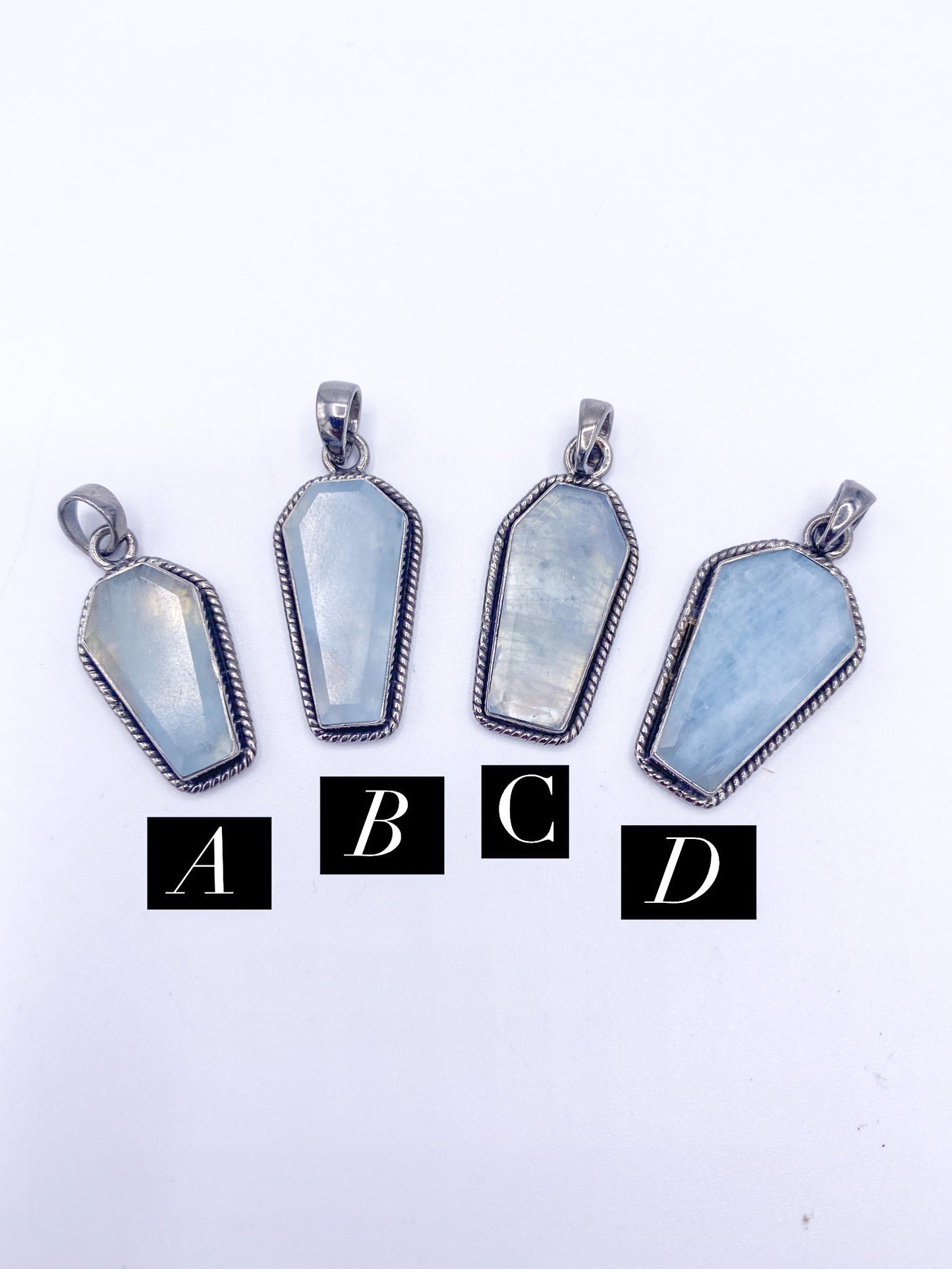Aquamarine Coffin Pendant W Rope -Solid Sterling Silver