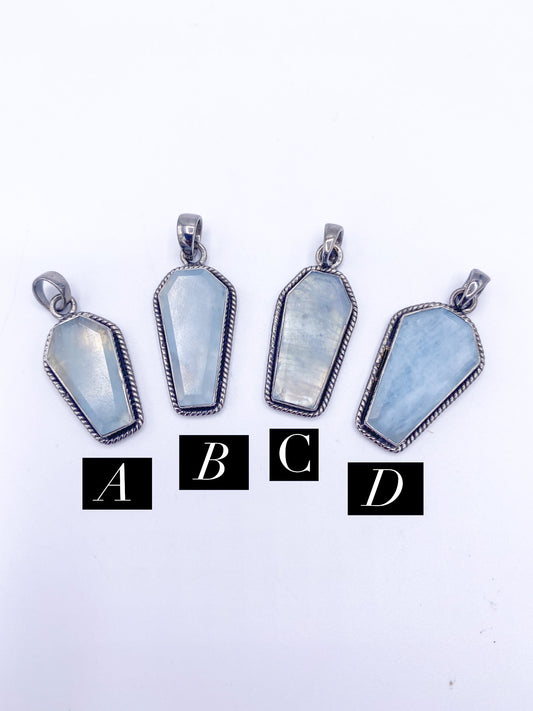 Aquamarine Coffin Pendant W Rope -Solid Sterling Silver