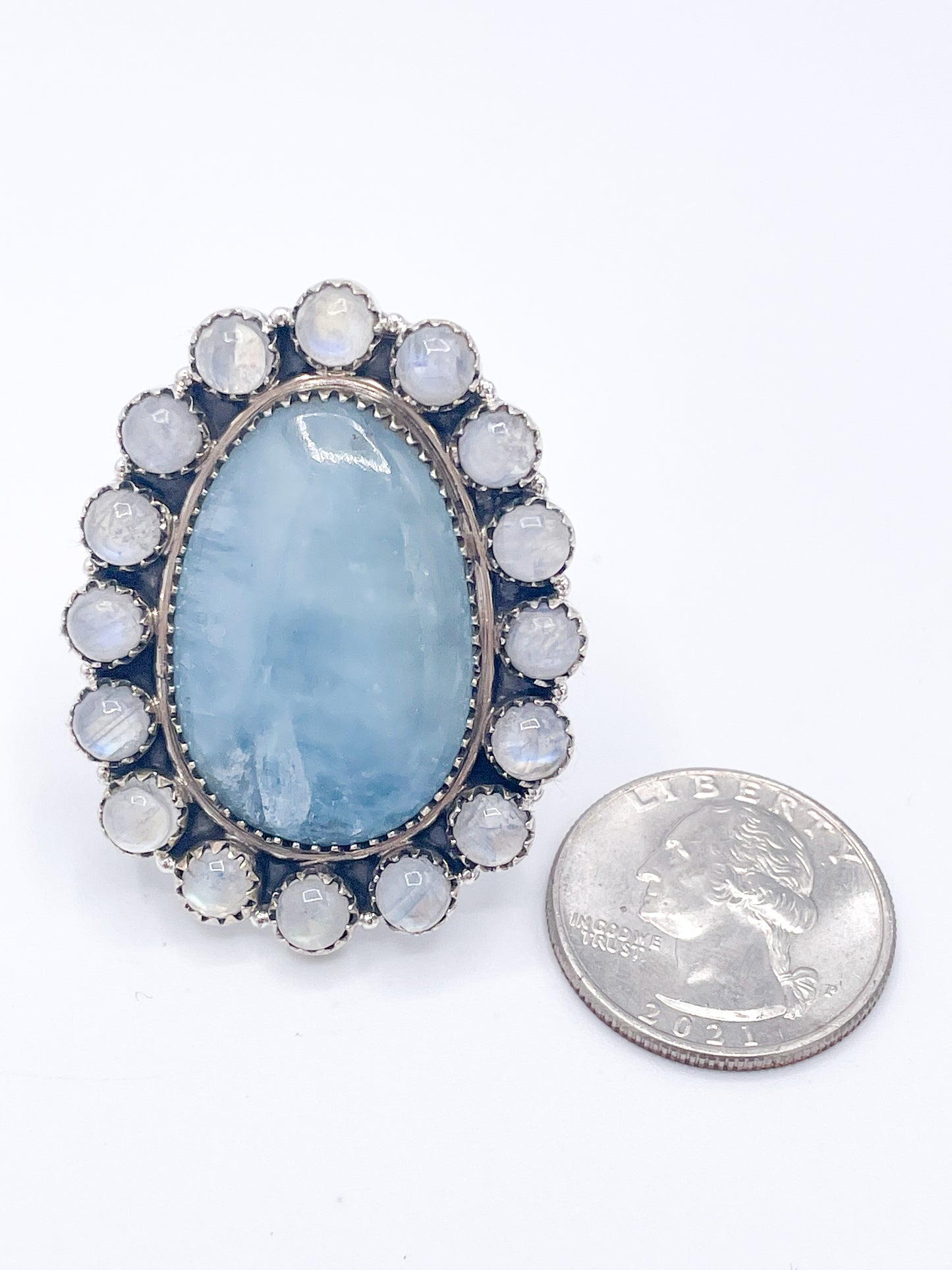 Sterling Silver Aquamarine & Rainbow Moonstone Ring