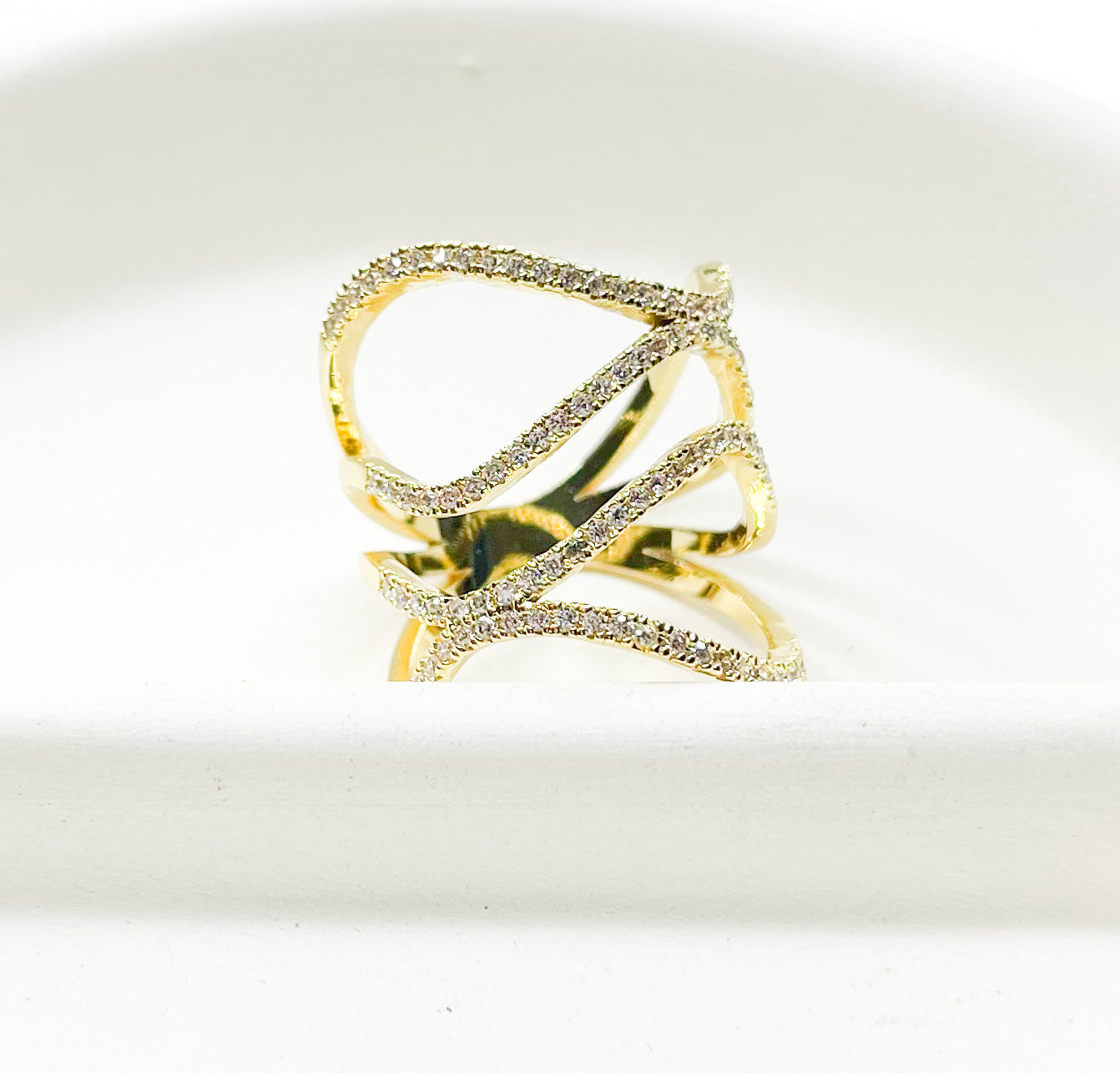 Wavy Gold CZ Sized Ring-Rhodium