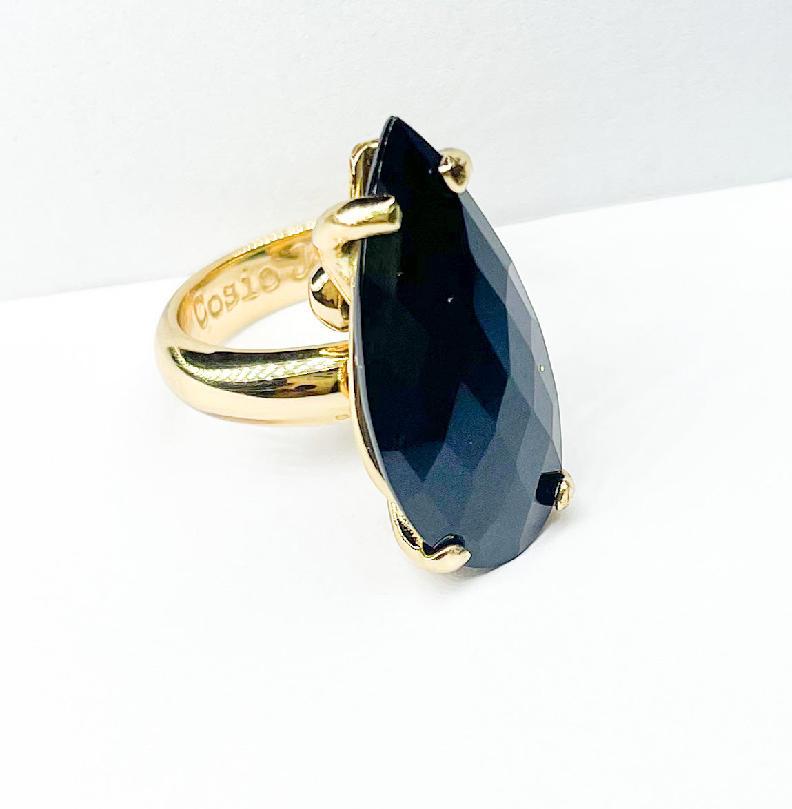 Long Tear Black Onyx Prong Ring-Alchemia