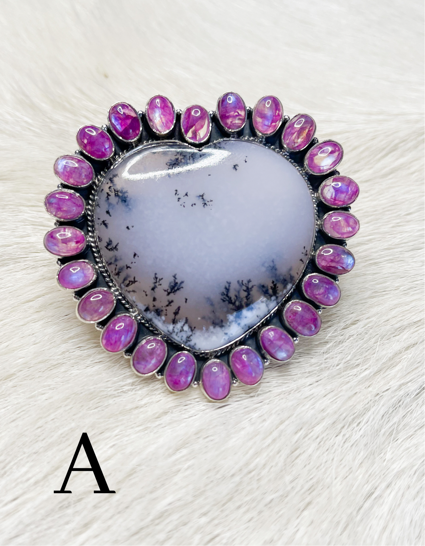 Pink Moonstone & Dendrite Heart Ring-Solid Sterling Silver