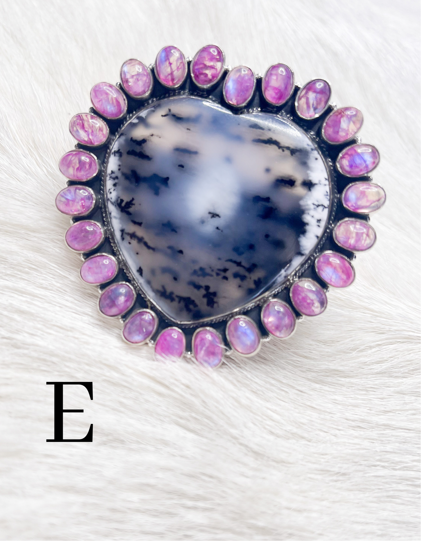 Pink Moonstone & Dendrite Heart Ring-Solid Sterling Silver