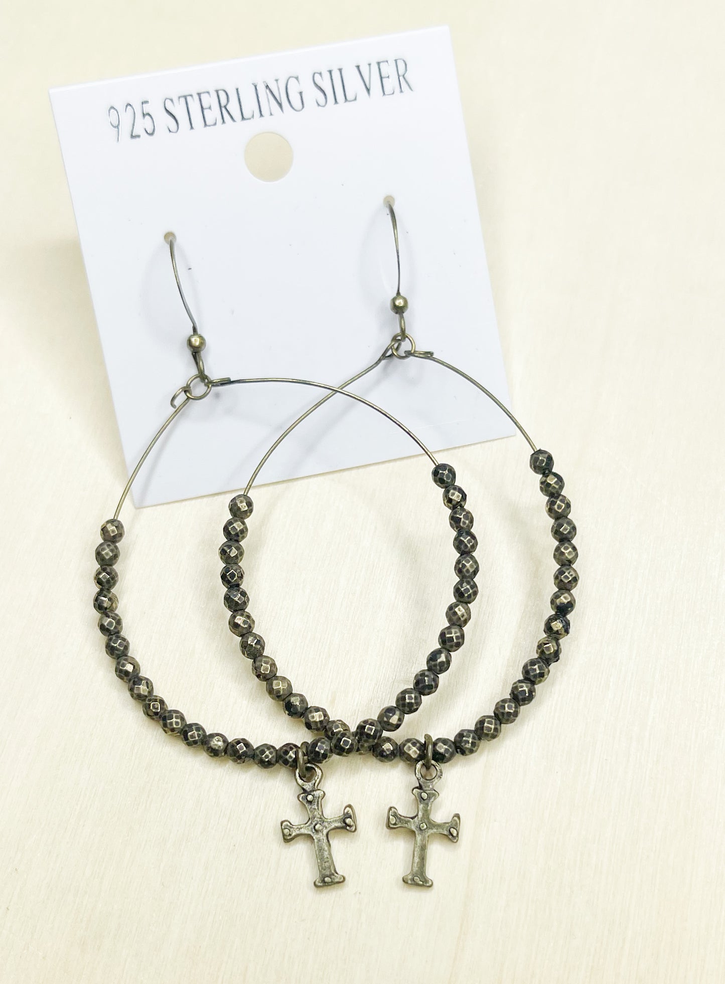 Pyrite Cross Hoops-Solid Sterling Silver