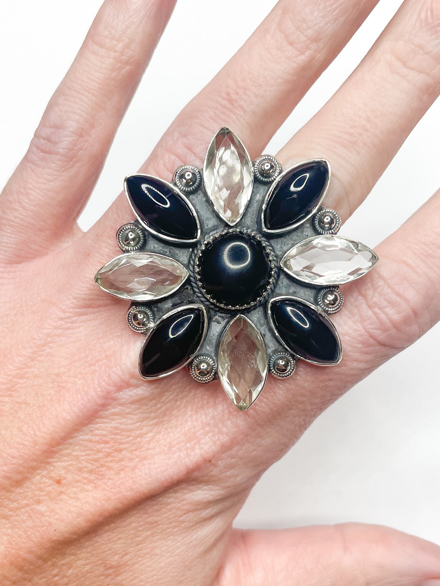 Black oynx & Crystal Oxi Flower Ring - Solid Sterling Silver