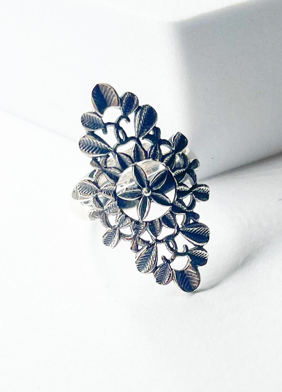 Silver Floral Adjustable Ring-Solid Sterling Silver