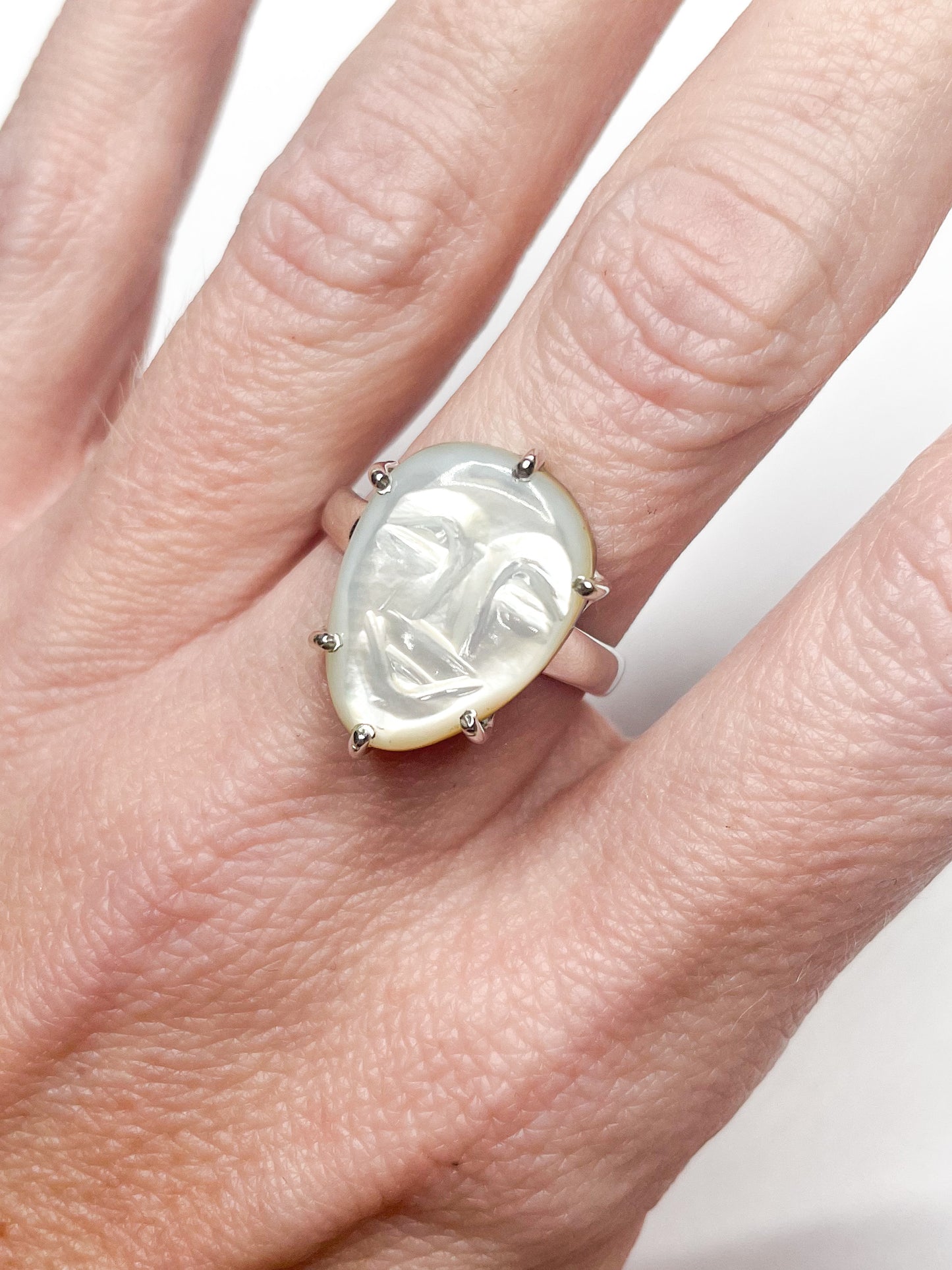 Mother Of Pearl Moon Face Prong Ring - Solid Sterling Silver