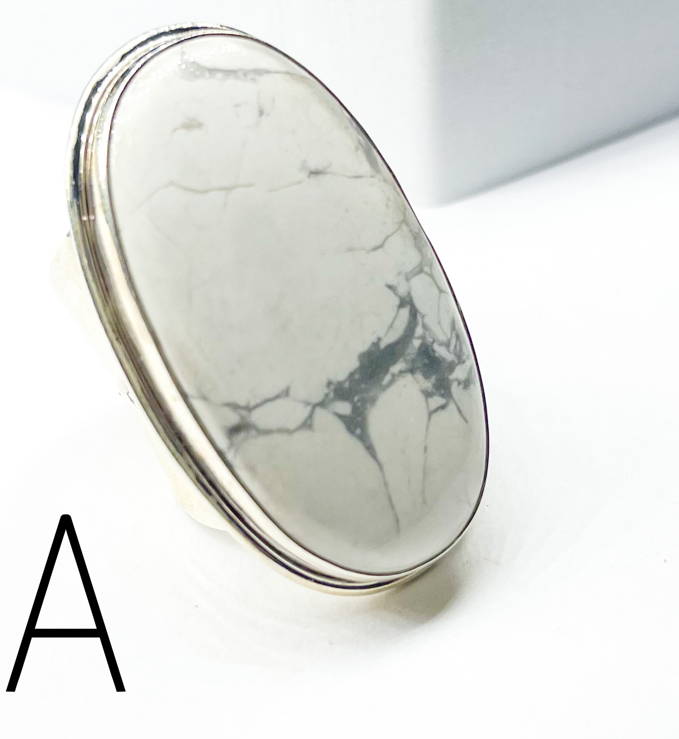 White Howlite Oval Adjustable Statement Ring W Flex Cuff-Solid Sterling Silver