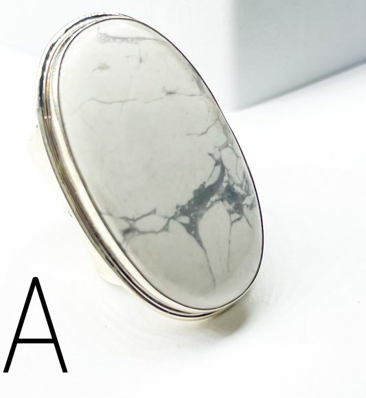 White Howlite Oval Adjustable Statement Ring W Flex Cuff-Solid Sterling Silver