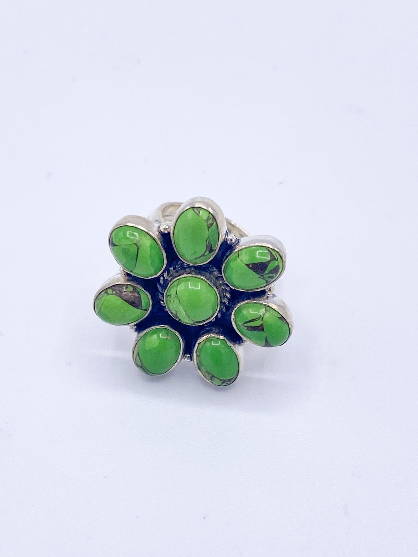Green Turquoise Flower Ring - Solid Sterling Silver