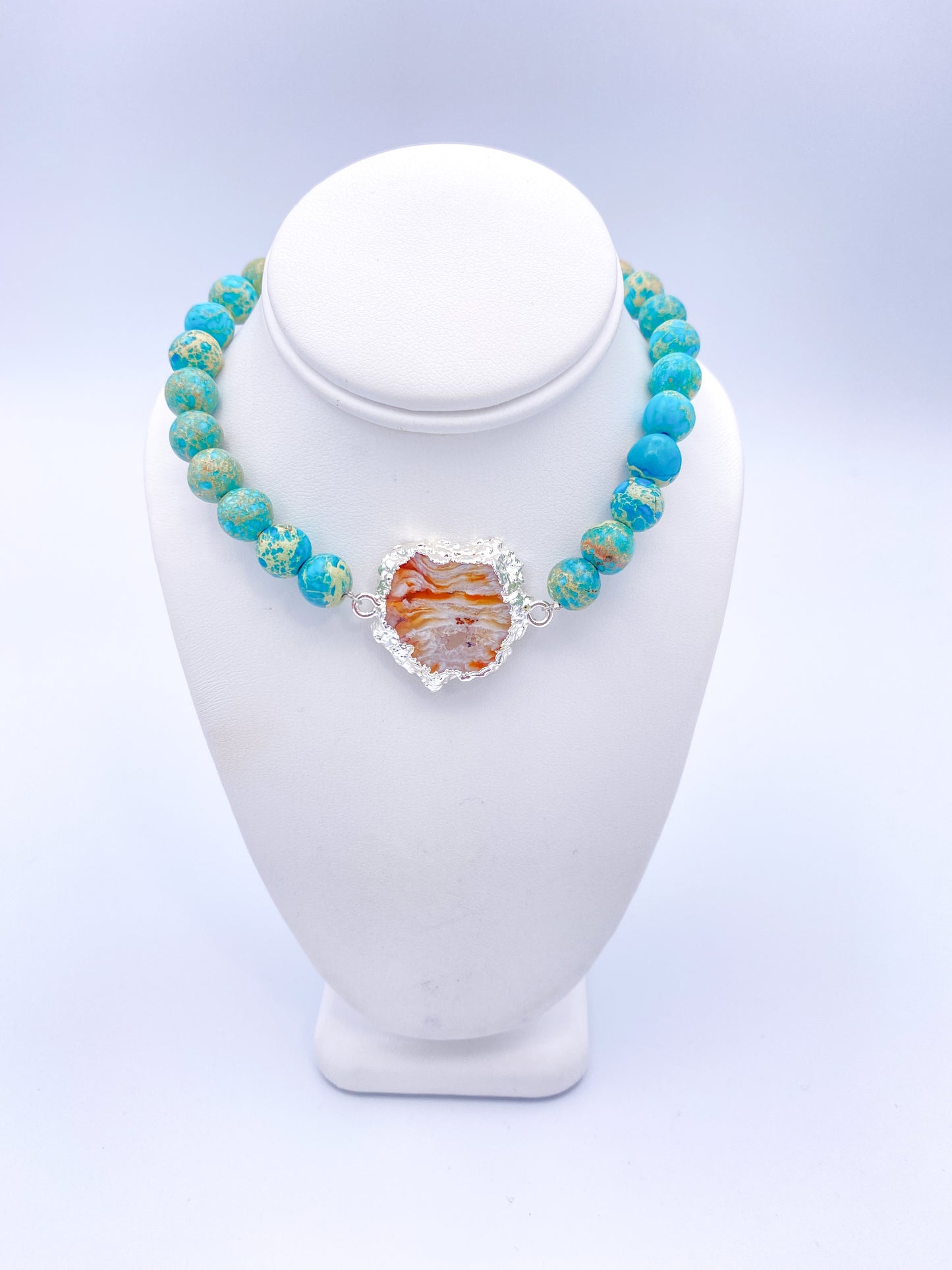 Turquoise Agate Bead Necklace - Silver Tone