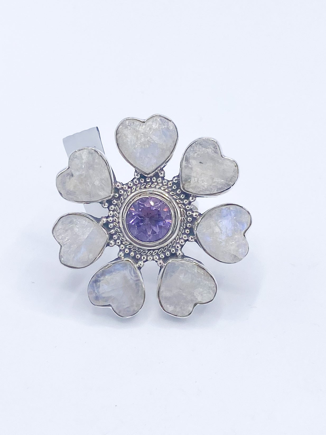 Raw Rainbow Moonstone & Amethyst Flower Statement Ring-Solid Sterling Silver