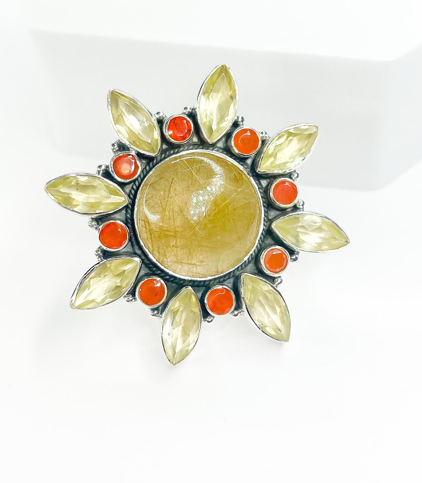 Smaller Golden Rutile And Carnilian Ring-Solid Sterling Siler