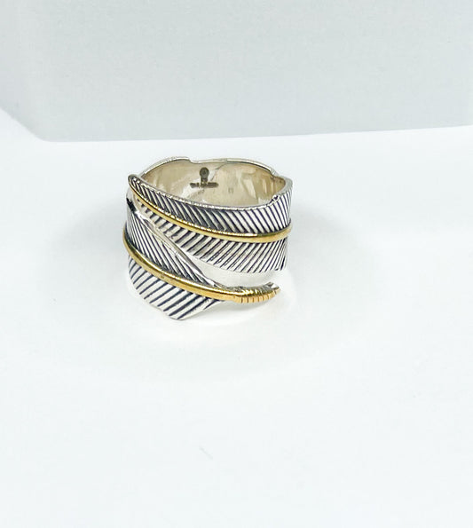 Wrap Leaf Ring W Gold Trim-Solid Sterling Silver