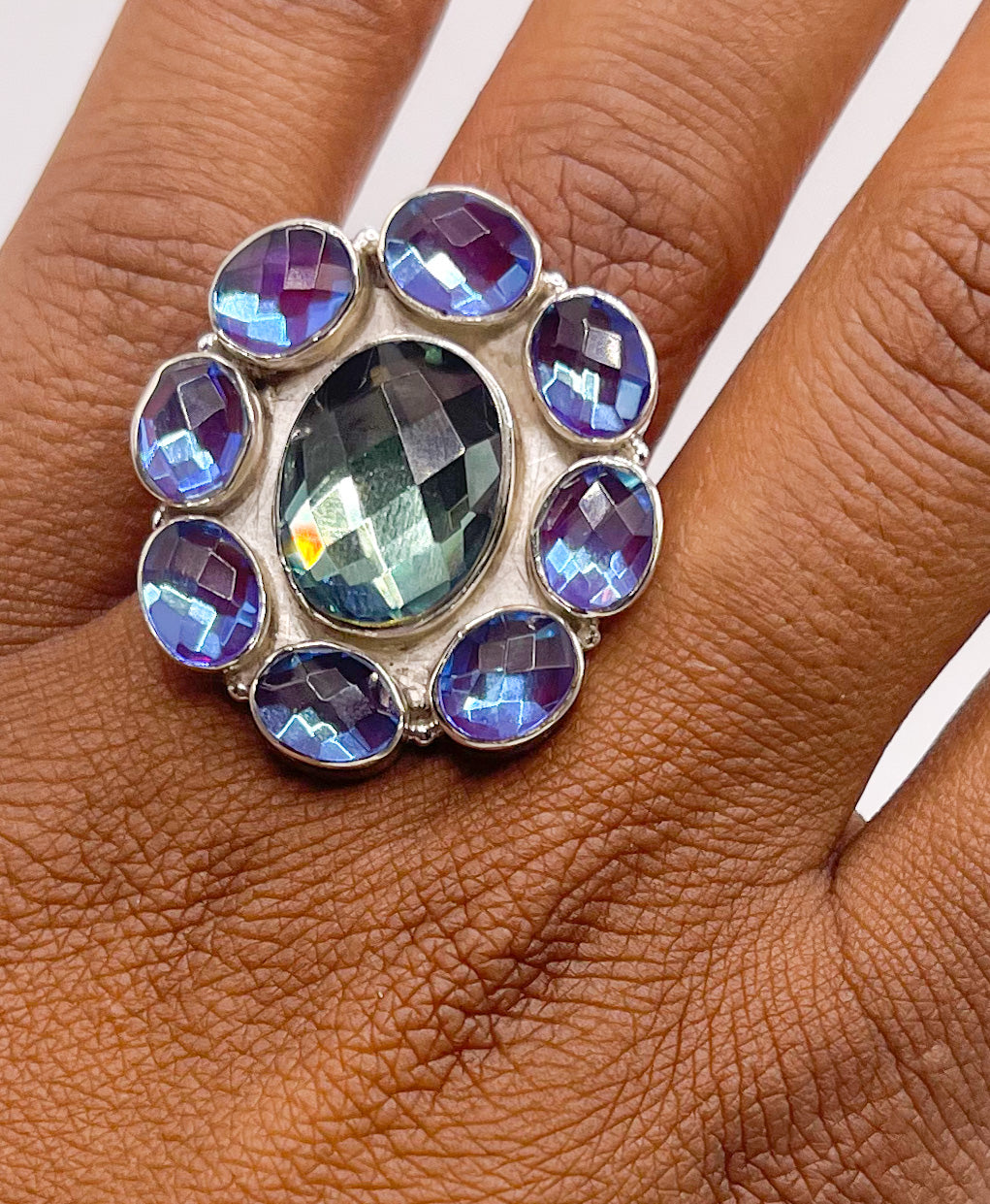 Light Aqua Mystical Glass Adjustable Ring-Solid Sterling Silver