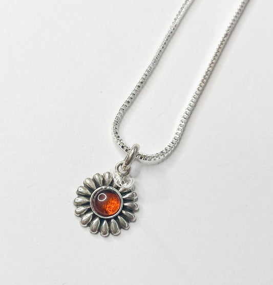 Amber Daisy Charm Pendant- Solid Sterling Silver