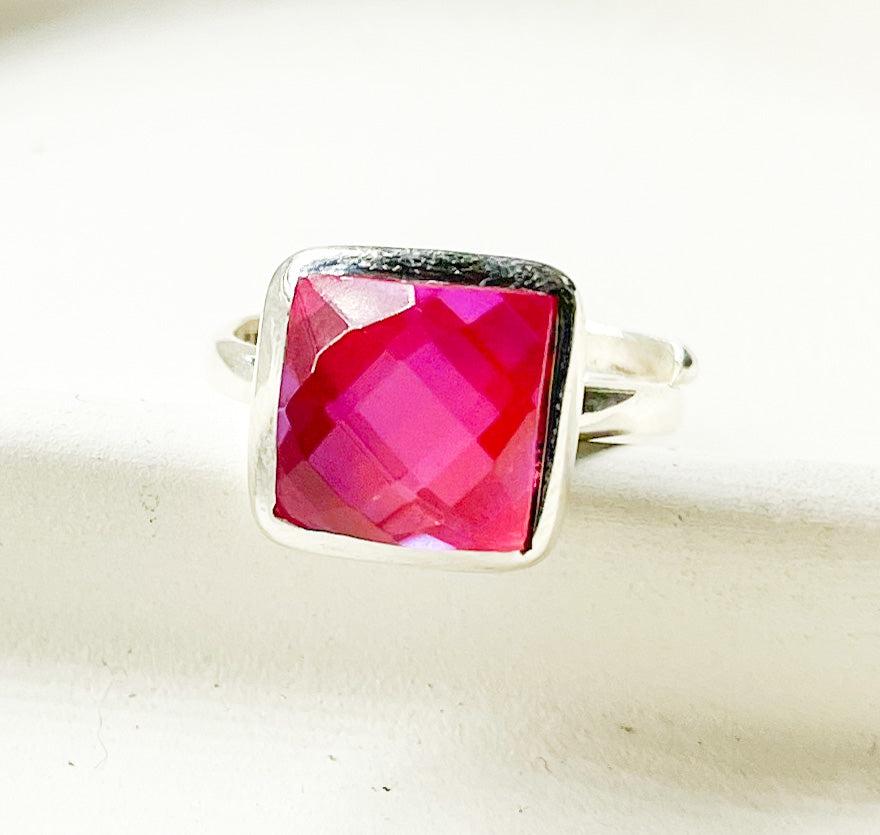 Hot Pink Mystical Glass Square Ring - Solid Sterling Silver