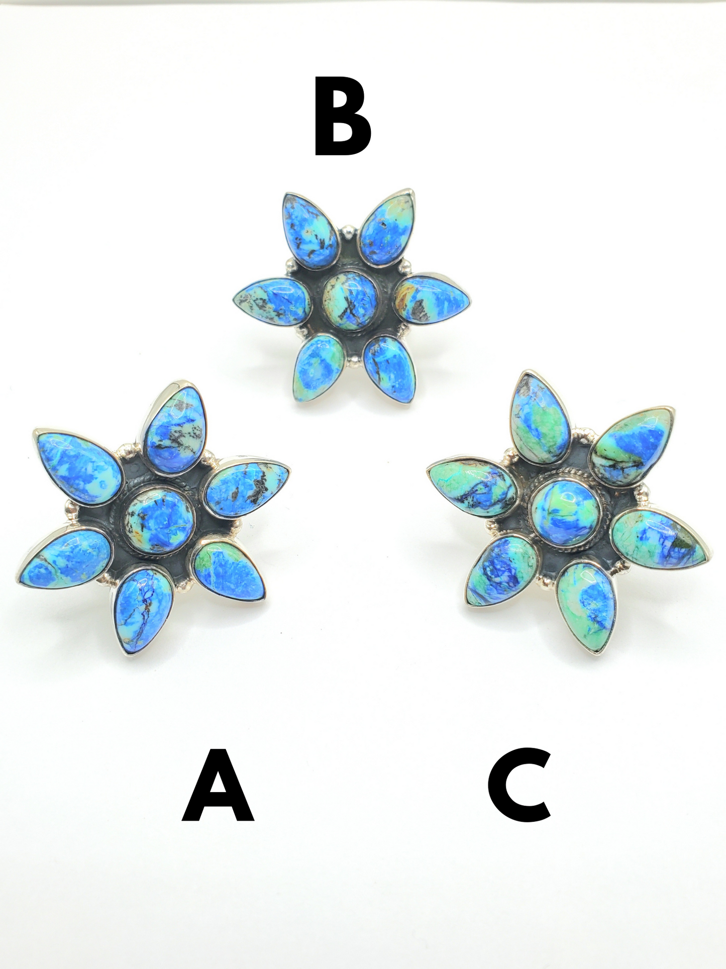 Azurite Malachite & Turquoise Flower Adjustable Ring - Solid Sterling Silver